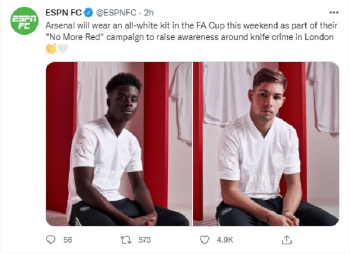 Arsenal Akan Kenakan Jersey All-White di Piala FA untuk Dukung Kampanye Anti Knife Crime