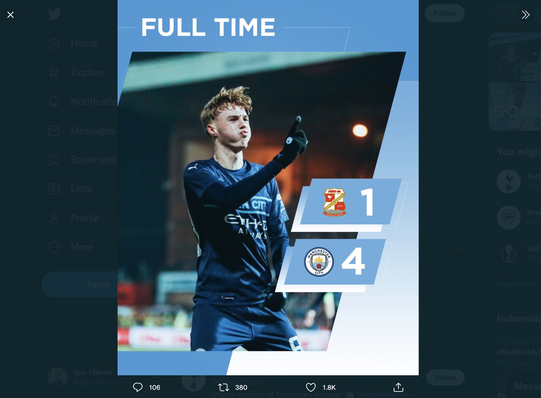 Hasil Swindon Town vs Manchester City di Piala FA: The Citizens Menang Besar di County Ground