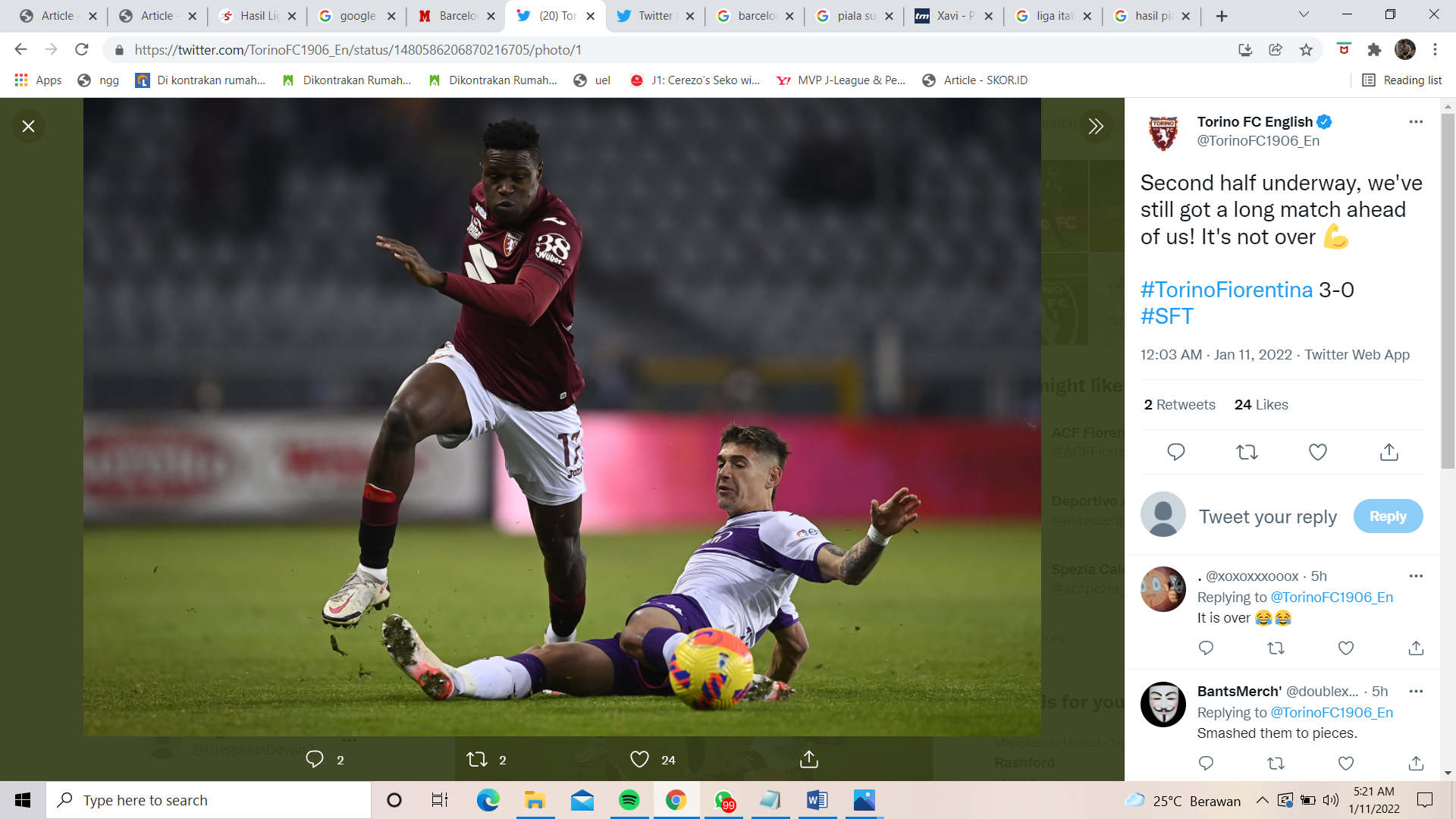 Hasil dan Klasemen Liga Italia: Torino Menang Telak atas Fiorentina
