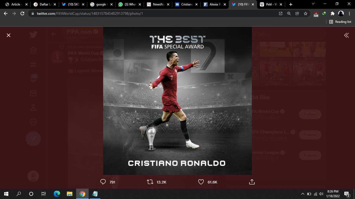 Cristiano Ronaldo Dapat Penghargaan Spesial dari FIFA, Pele Beri Ucapan Selamat