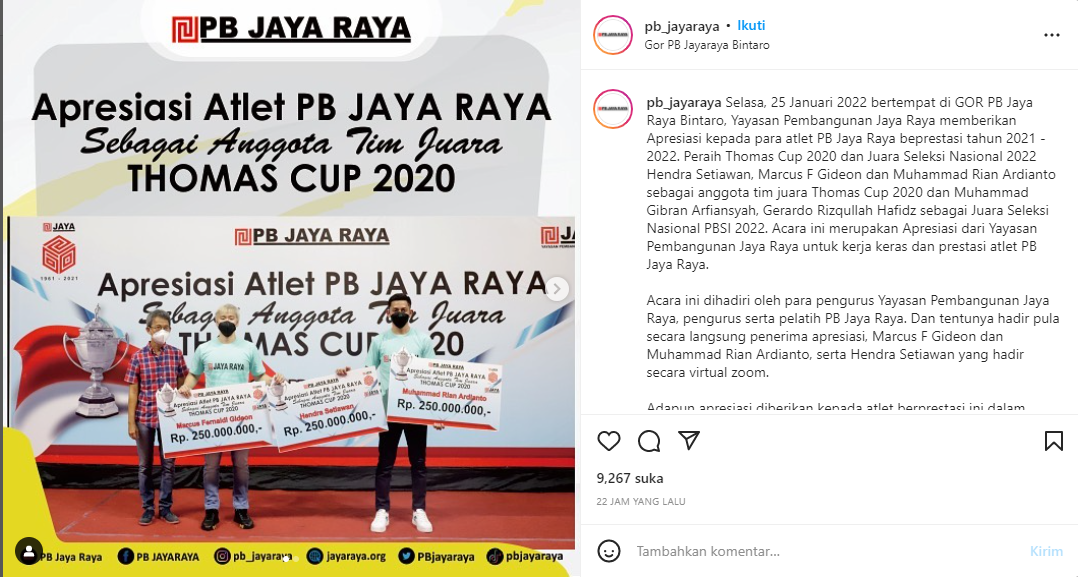 Bonus Thomas Cup 2020, 3 Atlet PB Jaya Raya Terima Rp250 Juta