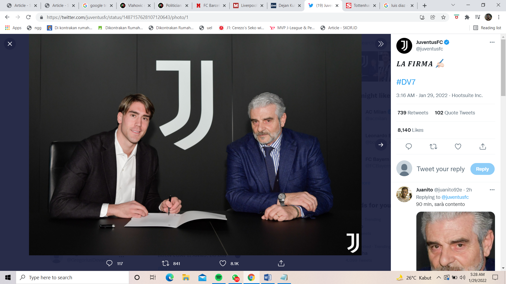 Teken Kontrak di Juventus Jadi Kado Ulang Tahun Dusan Vlahovic