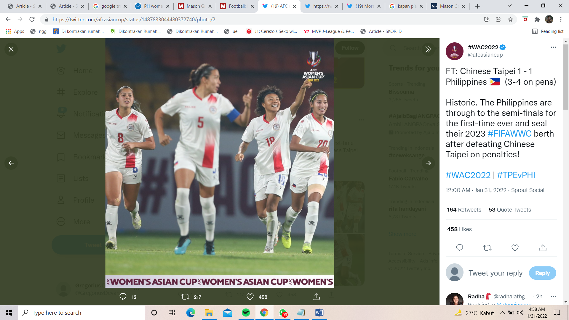 Pertama Kalinya dalam Sejarah, Filipina Lolos ke Piala Dunia Wanita