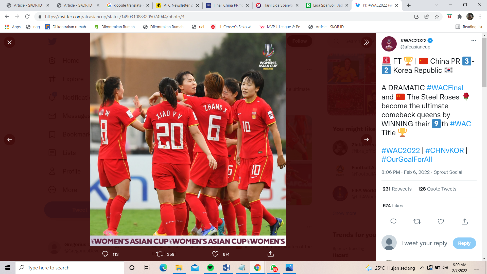 Hasil Piala Asia Wanita 2022: Menang Dramatis, Timnas Putri Cina Jadi Juara