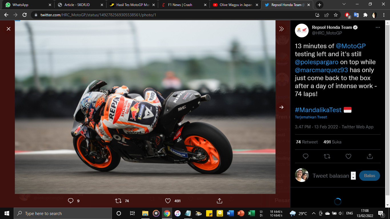Hasil Tes MotoGP Mandalika, Minggu (13/2/2022): Pol Espargaro Kembali Puncaki Time Sheet