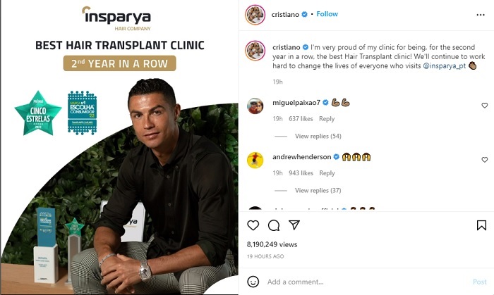 Cristiano Ronaldo Buka Cabang Klinik Rambut di Valencia, Proyeksi 10 Klinik Baru di Eropa dalam 3 Tahun