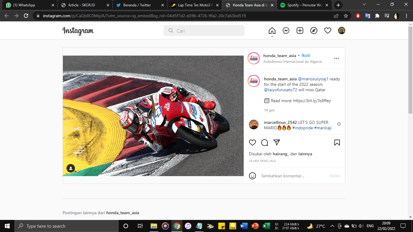 Mario Suryo Aji Belum Puas dengan Hasil Tes Pramusim Moto3