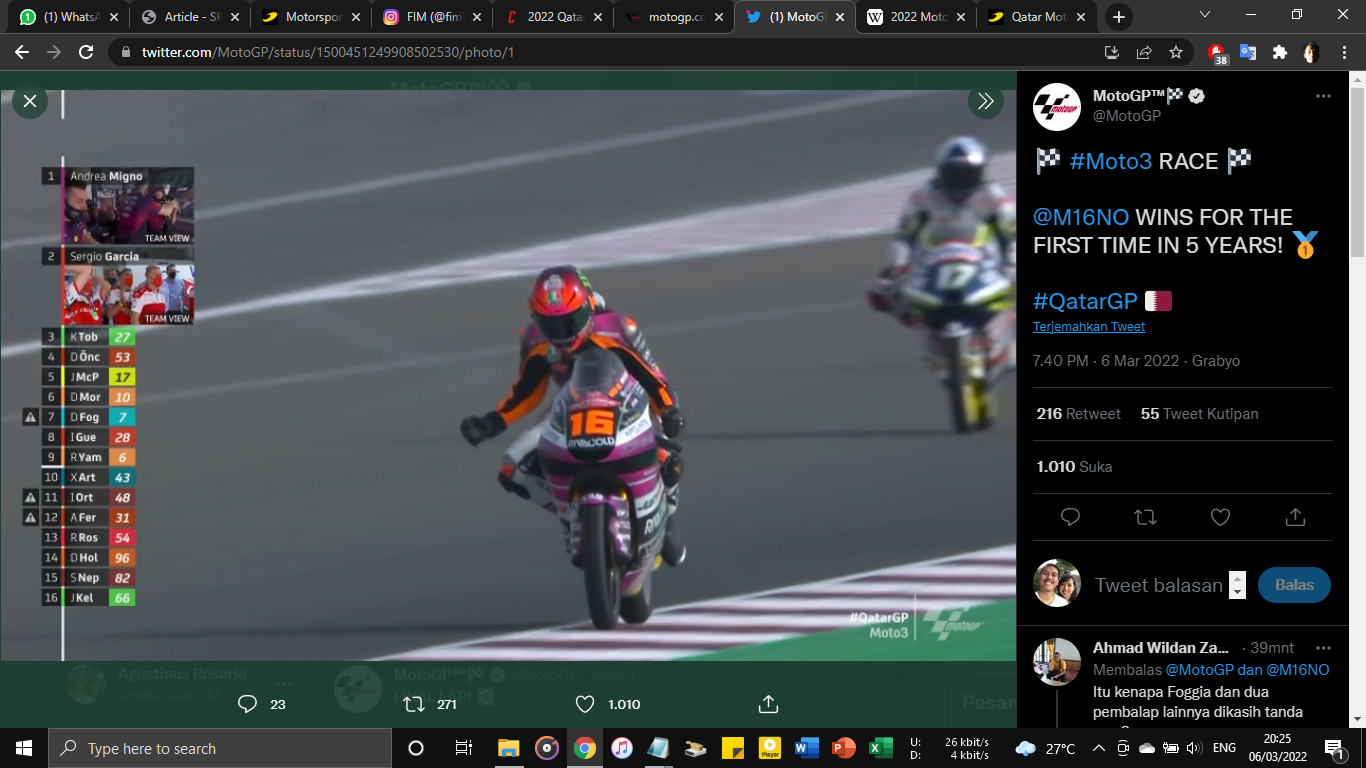 Hasil Moto3 GP Qatar 2022: Andrea Migno Juara, Mario Suryo Aji Sukses Tuntaskan Balapan