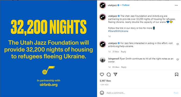 Utah Jazz Gandeng Airbnb untuk Membantu Para Pengungsi Ukraina