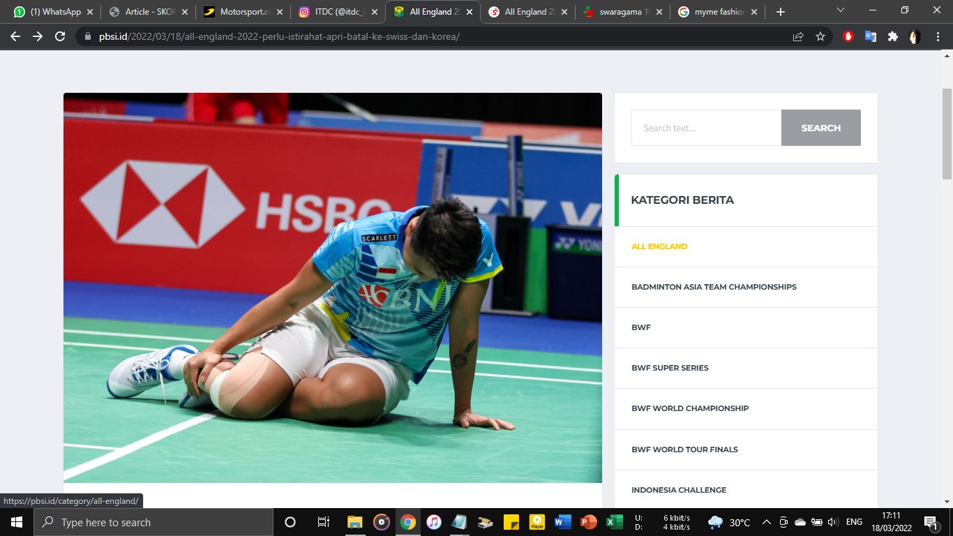 Cedera Betis di All England 2022, Apriyani Absen di Swiss Open dan Korea Open