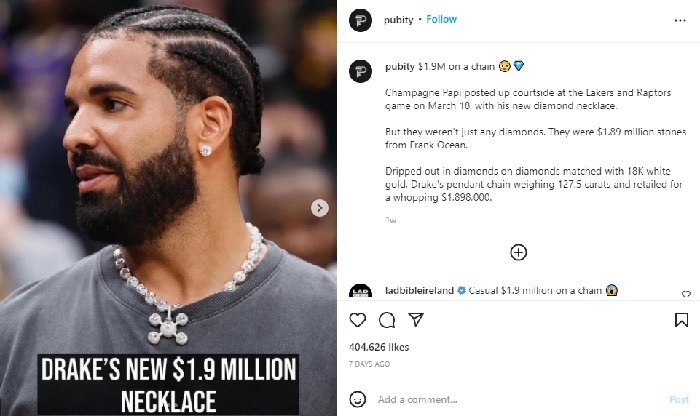 Drake Terlihat Mengenakan Kalung Rp27 Miliar pada Laga Lakers vs Raptors