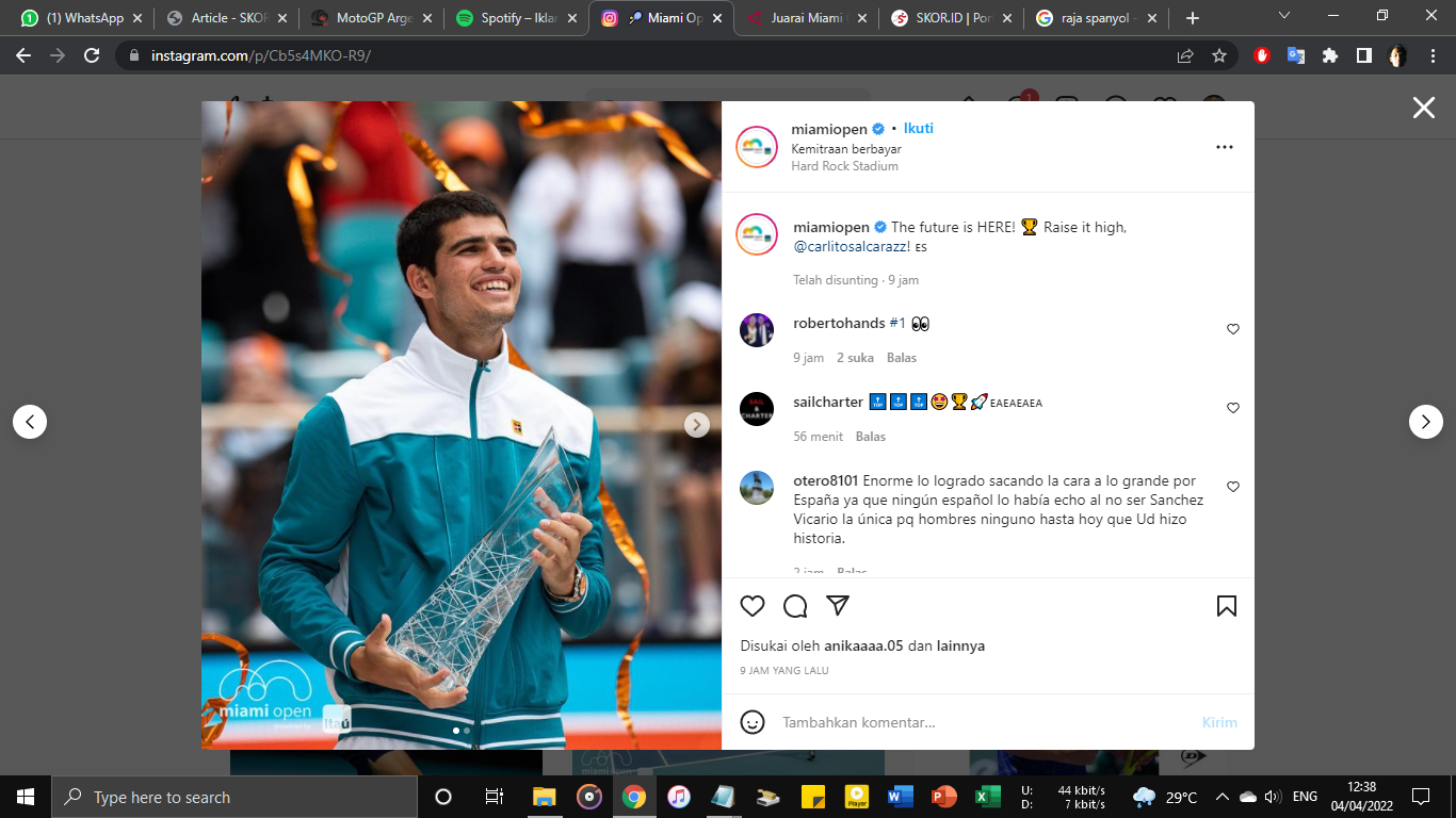 Juara Miami Open 2022, Carloz Alcaraz Dapat Ucapan Selamat dari Raja Spanyol