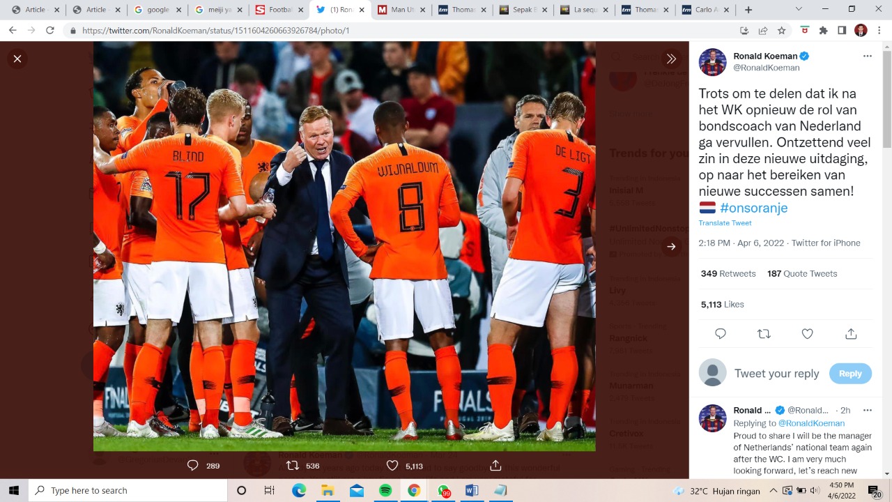 Resmi, Ronald Koeman Kembali Melatih Timnas Belanda setelah Piala Dunia 2022