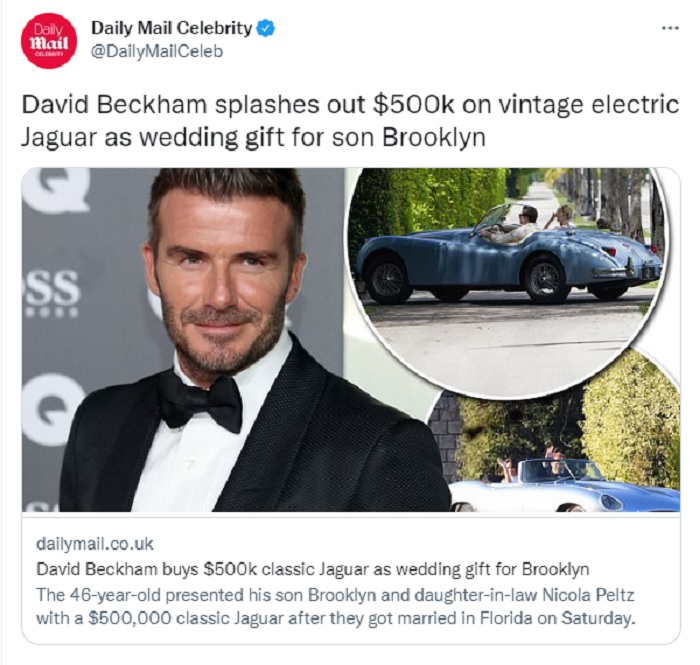 David Beckham Melimpahi Brooklyn dan Nicola Peltz Sebuah Mobil Jaguar Klasik Senilai Rp6,5 miliar.