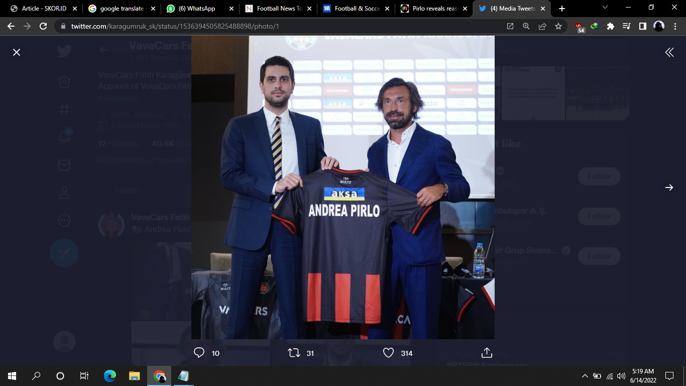 Andrea Pirlo Ungkap Alasan Menerima Pinangan Klub Turki, Fatih Karagumruk