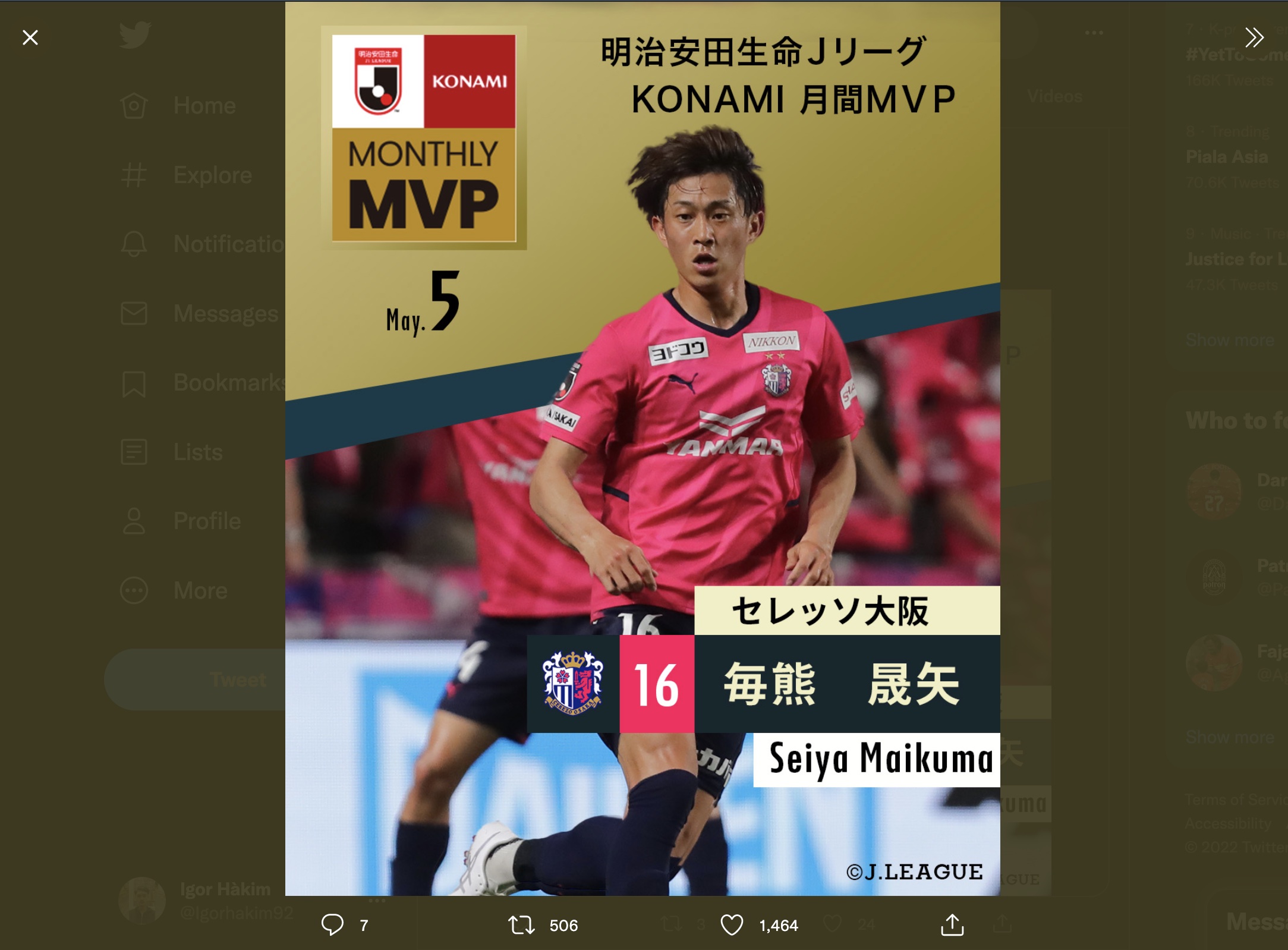 Bek Cerezo Osaka Seiya Maikuma Dinobatkan sebagai MVP KONAMI untuk Bulan Mei