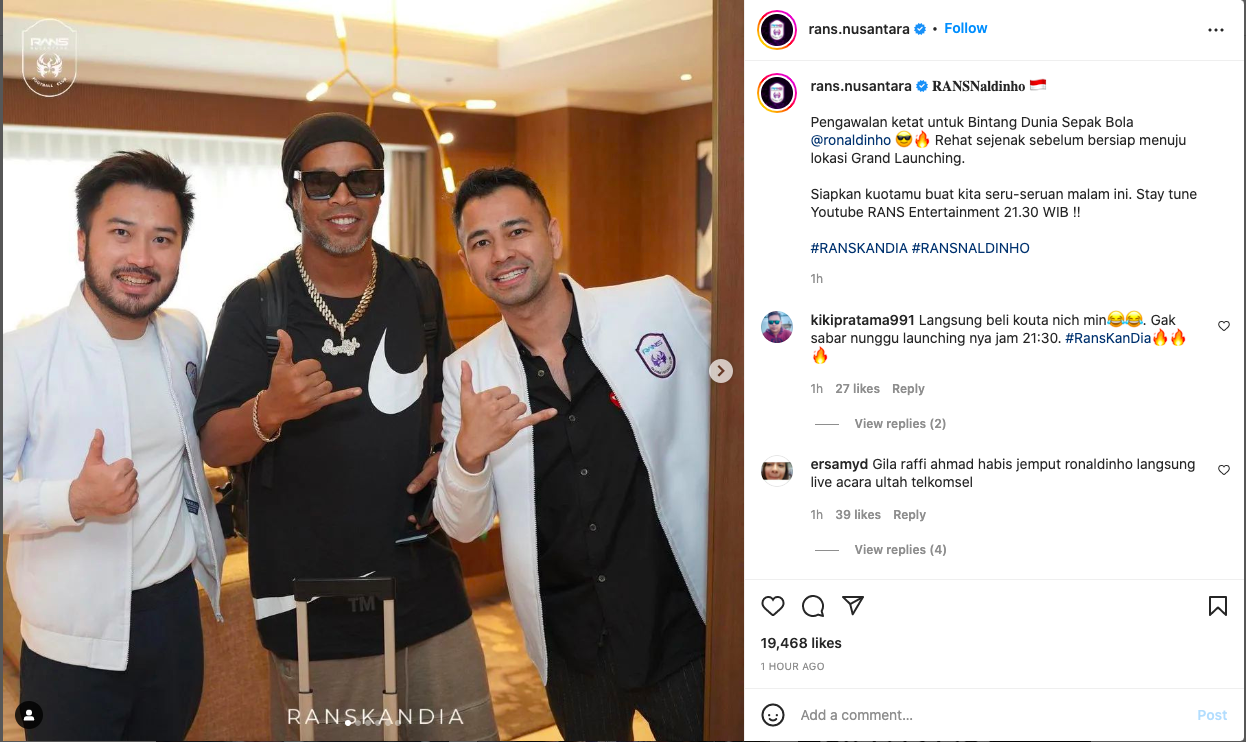 Tiba di Jakarta, Ronaldinho Langsung Dijemput Raffi Ahmad dan Rudy Salim