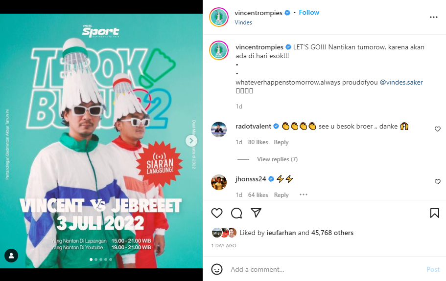 Link Live Streaming VINDES Tepok Bulu '22, Vincent Rompies vs Valentino 'Jebret' Simanjuntak