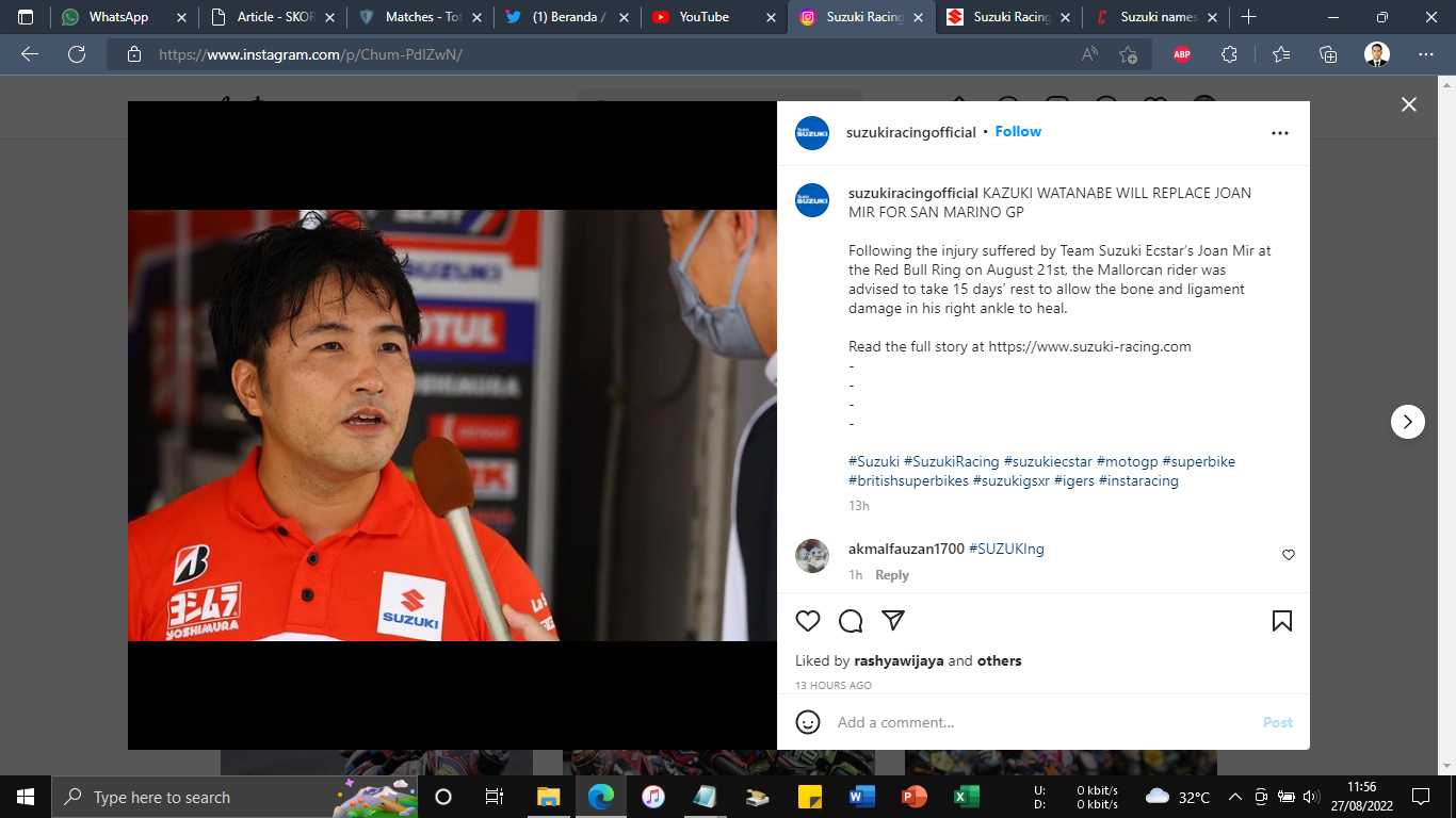Joan Mir Absen di MotoGP San Marino 2022, Suzuki Tunjuk Kazuki Watanabe