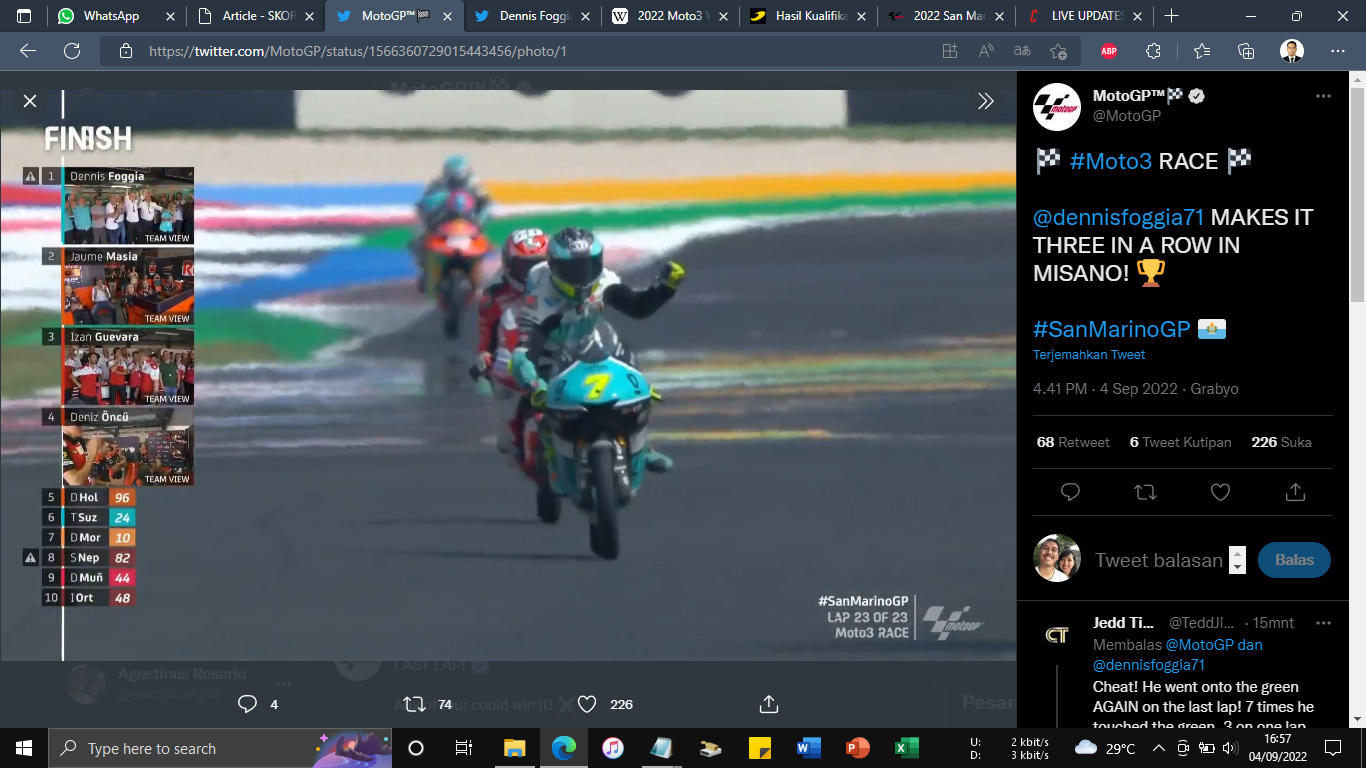 Hasil Moto3 GP San Marino 2022: Dennis Foggia Menang, Mario Suryo Aji Crash