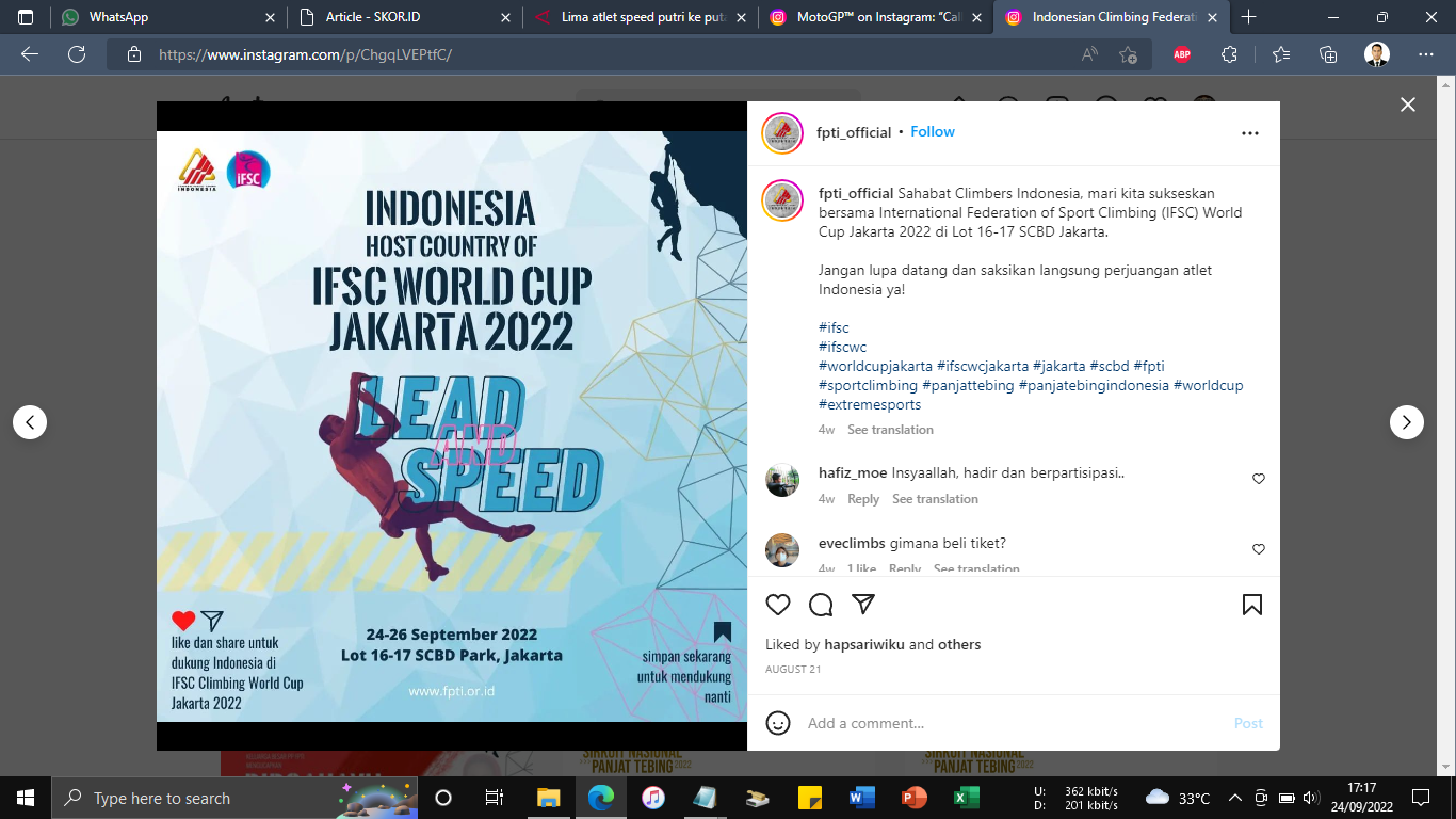 Indonesia Loloskan 5 Atlet Speed Putri ke Putaran Final Piala Dunia Panjat Tebing 2022