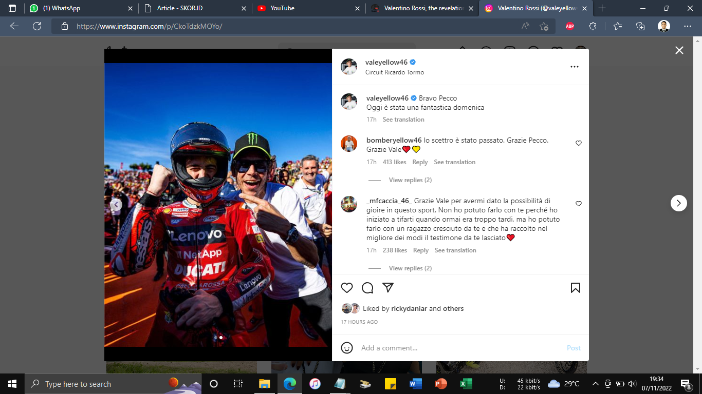 Terungkap, Ini Pesan Valentino Rossi kepada Francesco Bagnaia Sebelum MotoGP Valencia 2022
