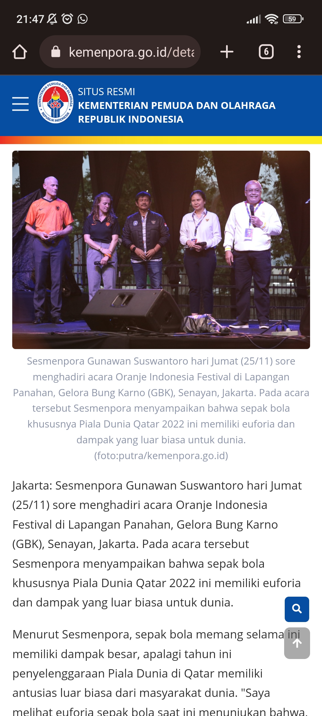 Hadiri Oranje Indonesia Festival, Sesmenpora Punya Harapan Besar untuk Timnas Indonesia