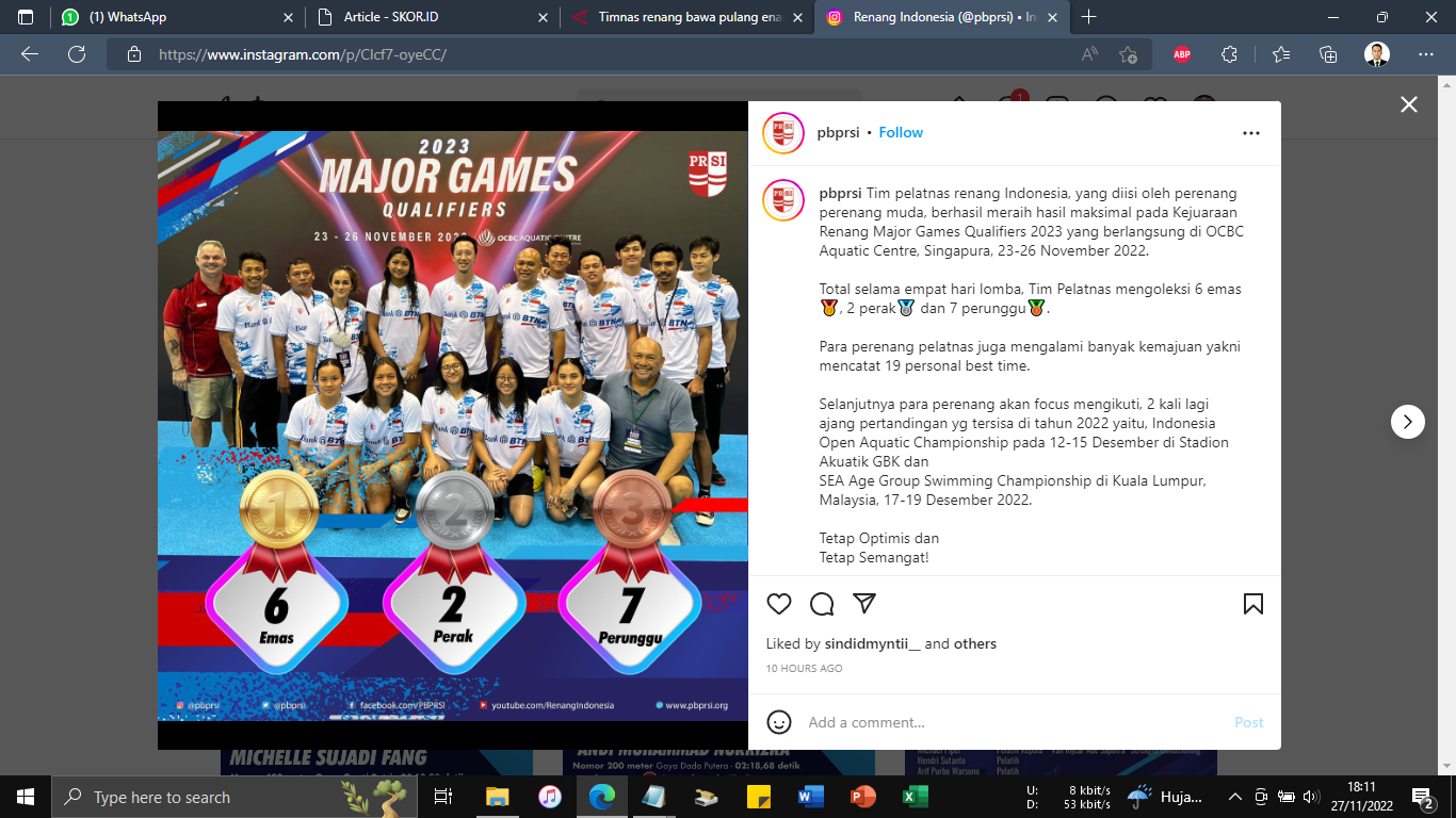 Timnas Renang Indonesia Sabet 6 Emas di Major Games Qualifiers 2023