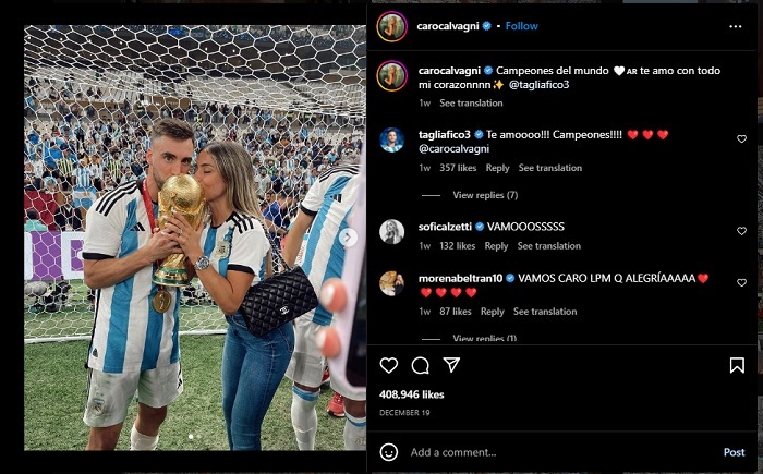 Nicolás Tagliafico dan Carolina Calvagni Rayakan Pernikahan dengan Tamu Spesial dan Tema Piala Dunia