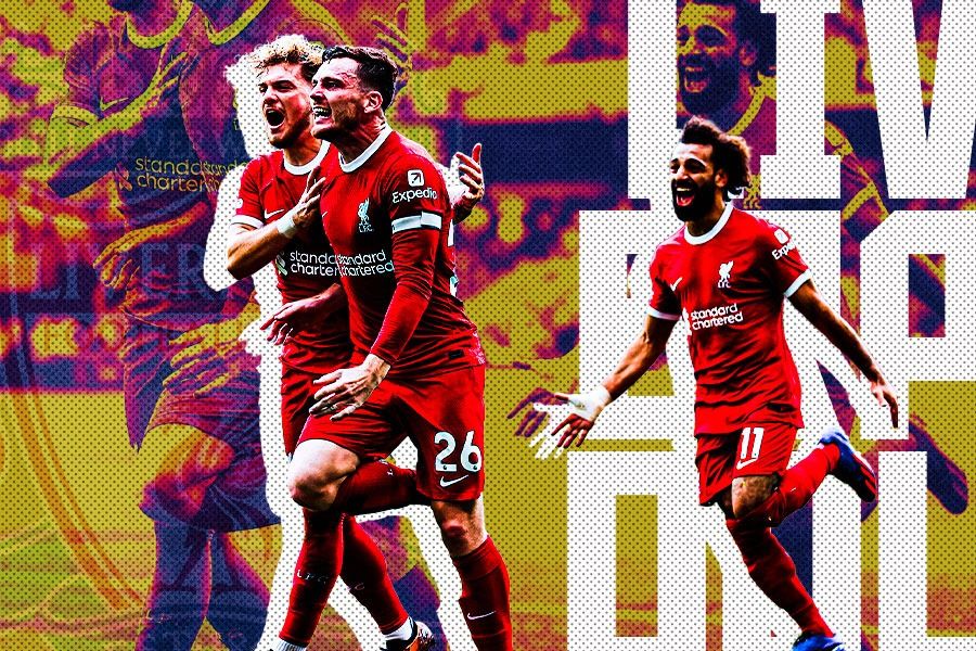 Harvey Elliott, Andy Robertson, dan Mohamed Salah merayakan gol kedua Liverpool ke gawang Wolverhampton dalam lanjutan Liga Inggris, Sabtu (16/9/2023). (Hendy AS/Skor.id) 
